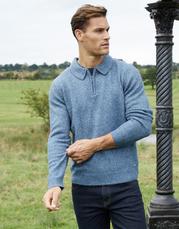 Denim Blue Long Sleeve Quarter Zip Polo Jumper