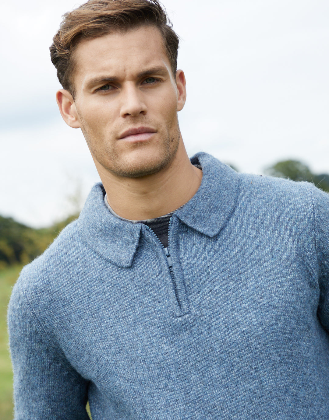 Denim Blue Long Sleeve Quarter Zip Polo Jumper