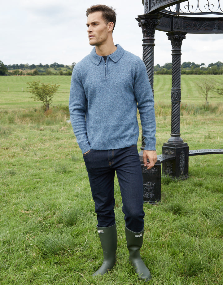 Denim Blue Long Sleeve Quarter Zip Polo Jumper
