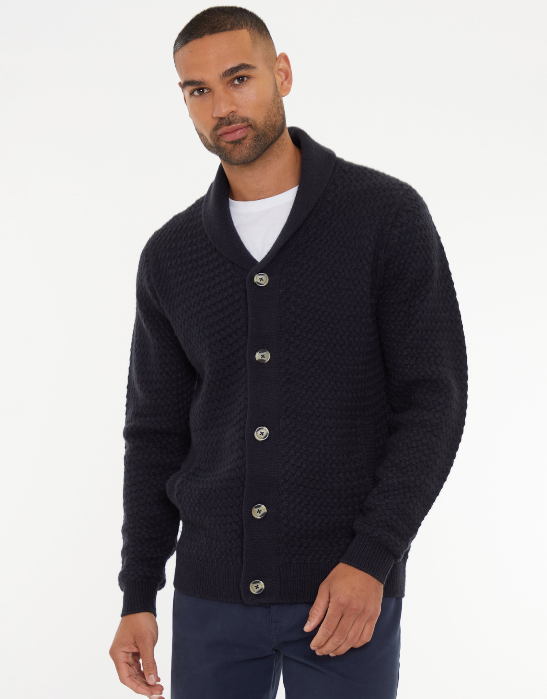 Knitted Shawl Cardigan in Navy
