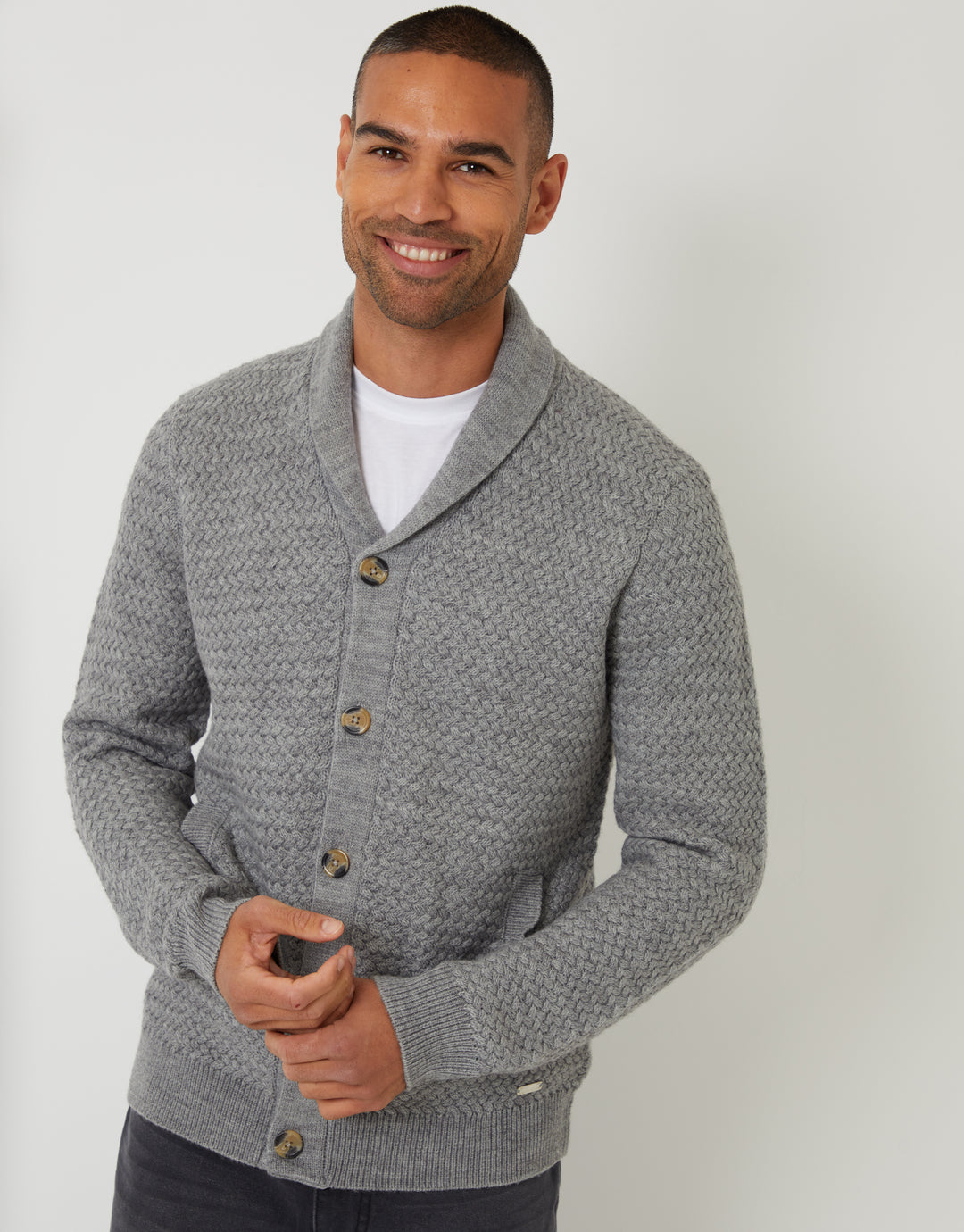 Threadbare Knitted Shawl Cardigan in Grey Marl - front view