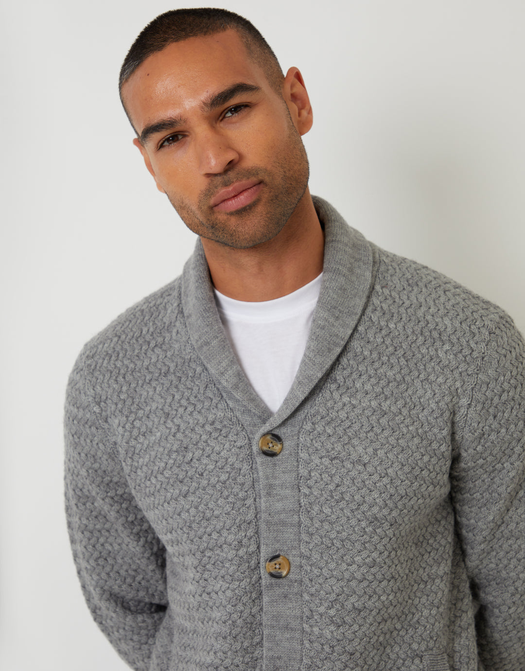 Threadbare Knitted Shawl Cardigan in Grey Marl - collar close up