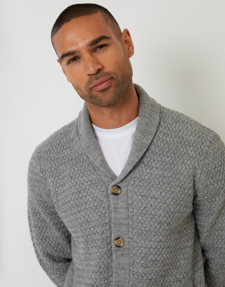 Threadbare Knitted Shawl Cardigan in Grey Marl - collar close up