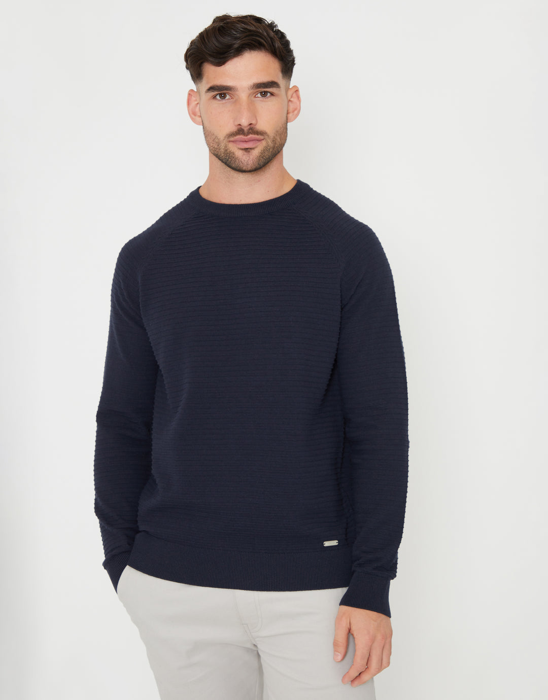 Navy Textured Stripe Knitted Crew Neck Jumper
