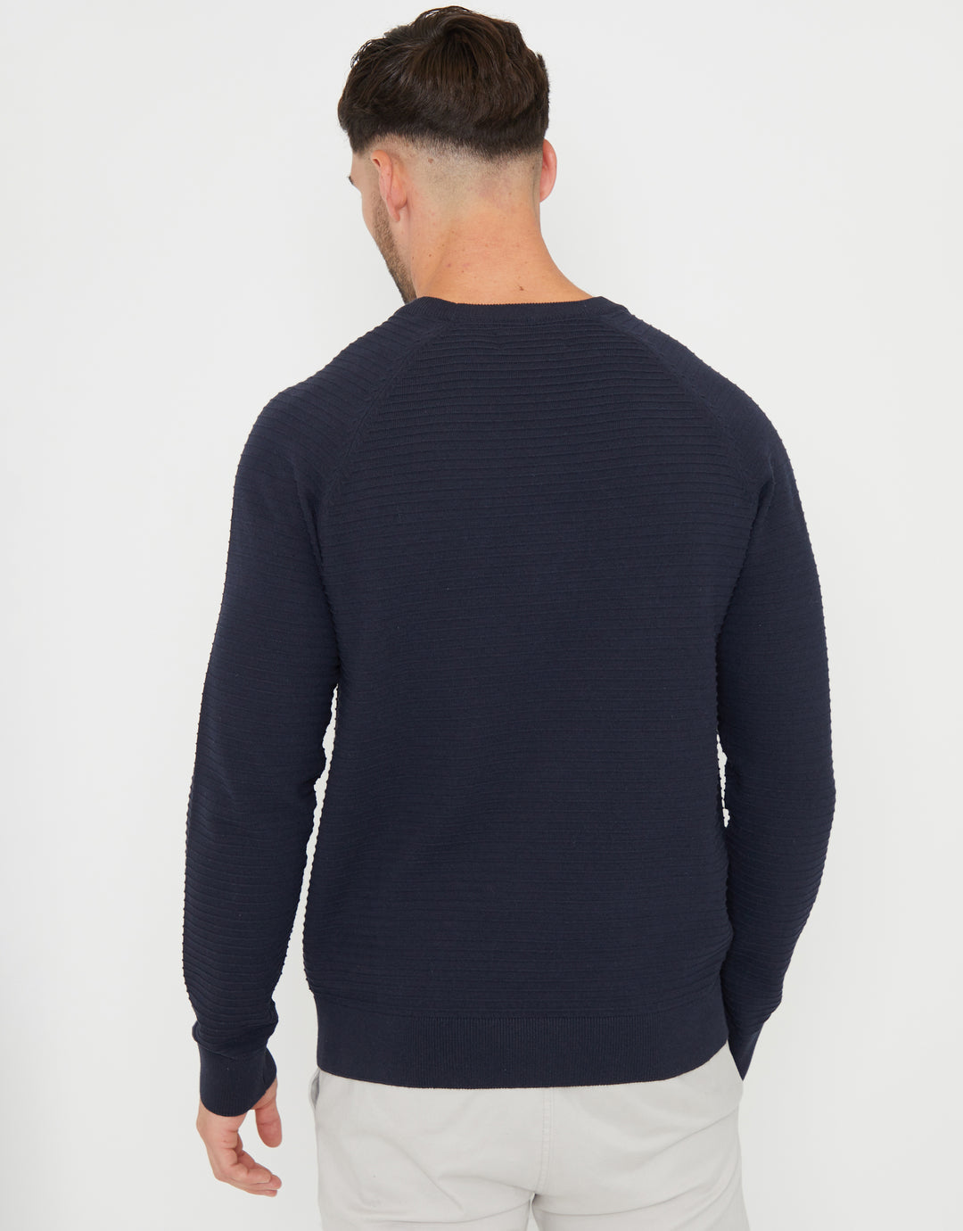 Navy Textured Stripe Knitted Crew Neck Jumper