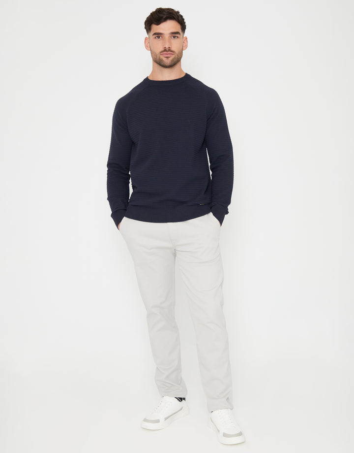 Navy Textured Stripe Knitted Crew Neck Jumper