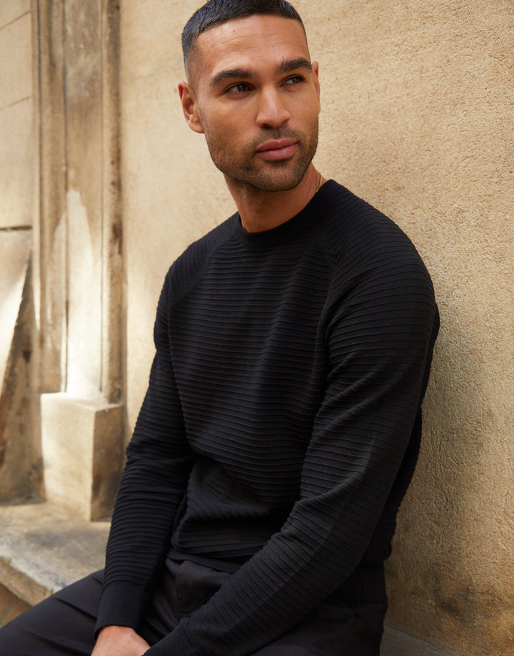 Black Textured Stripe Knitted Crew Neck Jumper