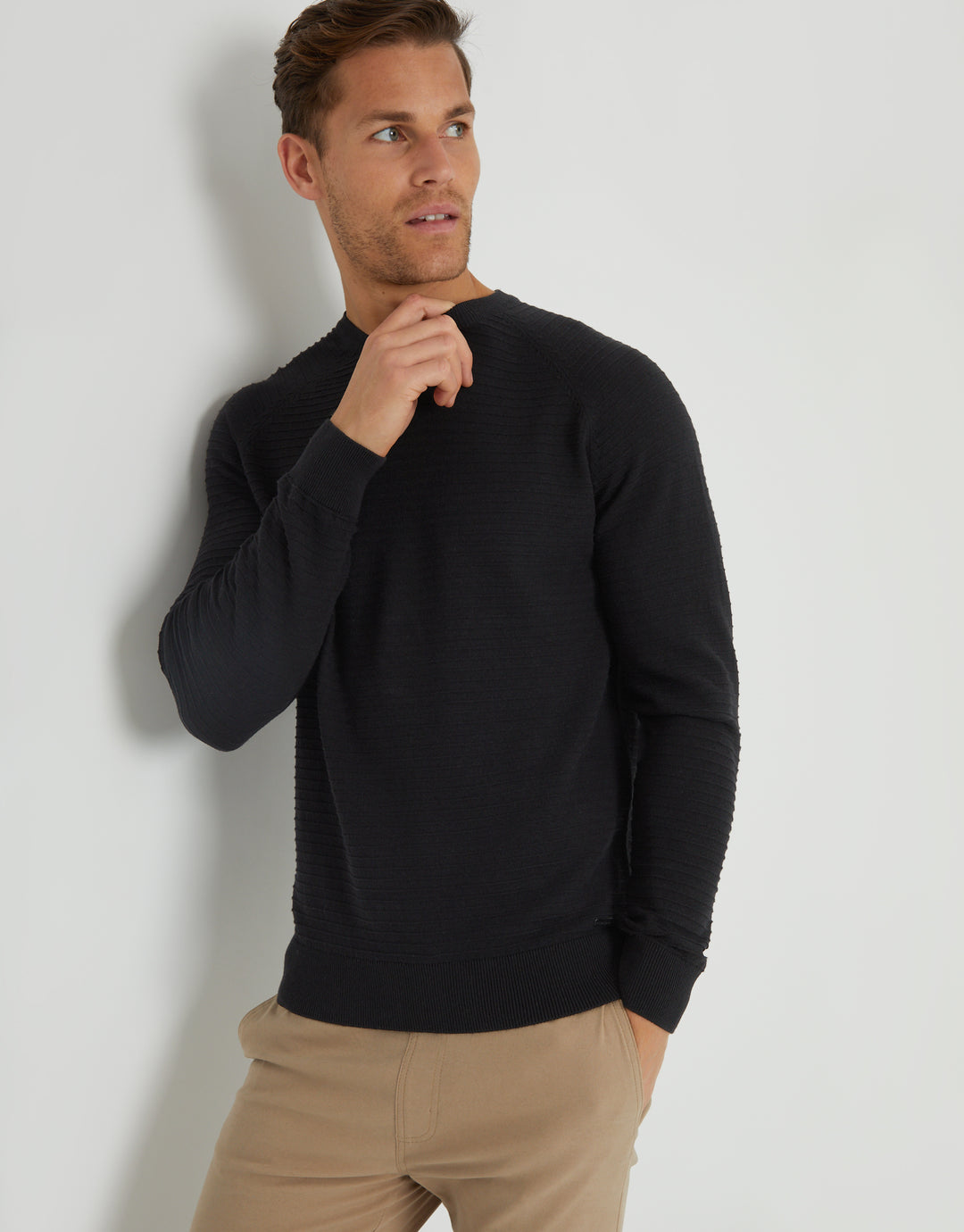Black Textured Stripe Knitted Crew Neck Jumper