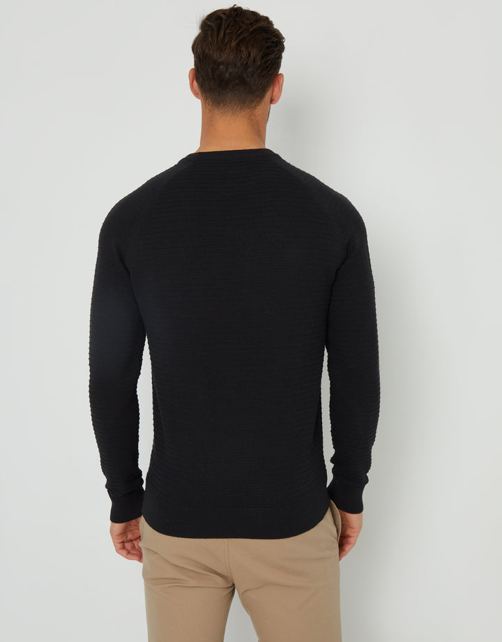 Black Textured Stripe Knitted Crew Neck Jumper