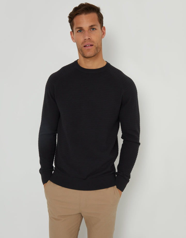 Black Textured Stripe Knitted Crew Neck Jumper