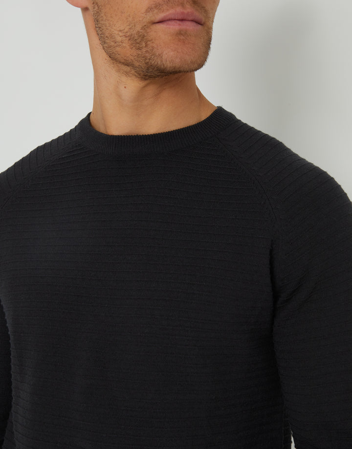 Black Textured Stripe Knitted Crew Neck Jumper
