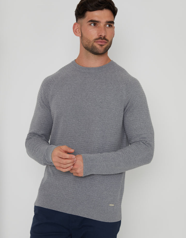 Mid Grey Marl Textured Stripe Knitted Crew Neck Jumper