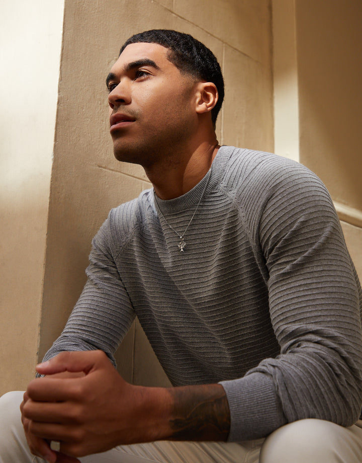 Mid Grey Marl Textured Stripe Knitted Crew Neck Jumper