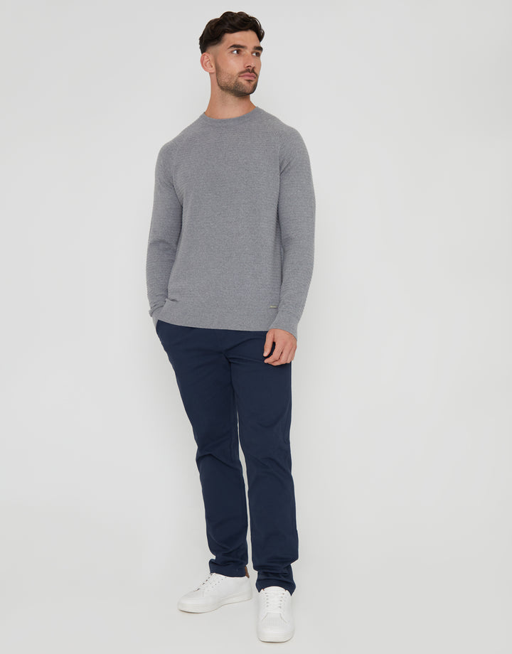 Mid Grey Marl Textured Stripe Knitted Crew Neck Jumper