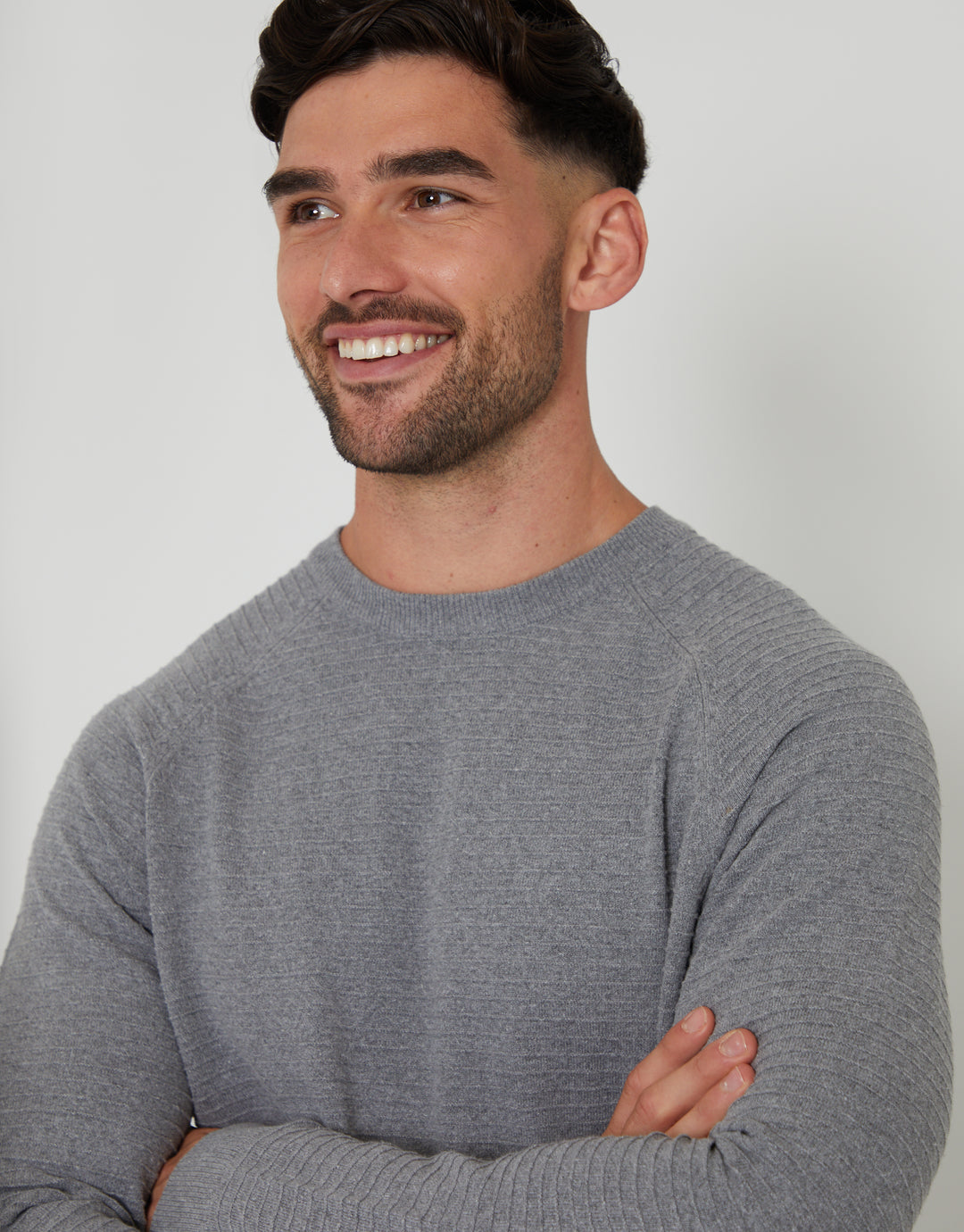 Mid Grey Marl Textured Stripe Knitted Crew Neck Jumper