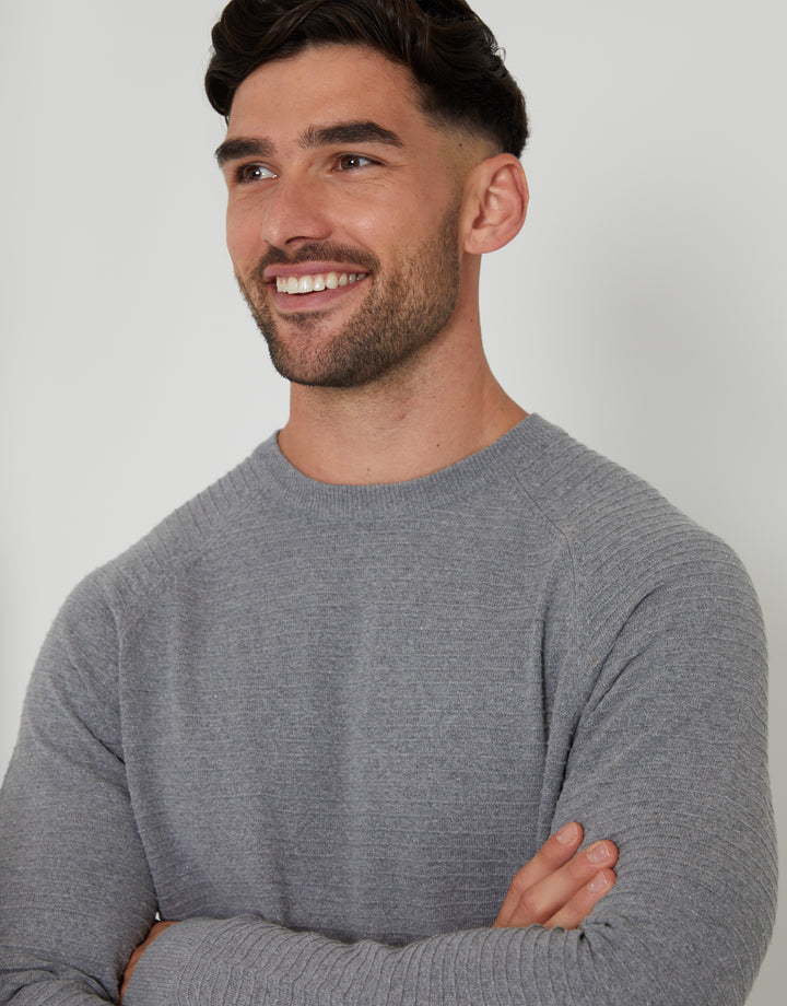 Mid Grey Marl Textured Stripe Knitted Crew Neck Jumper