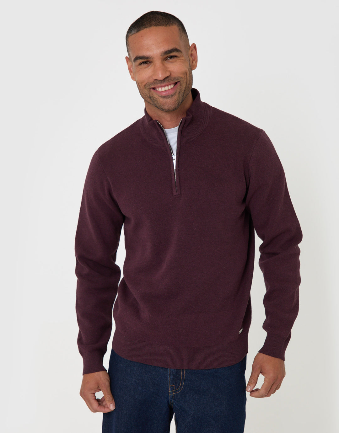 Threadbare Cotton Rich Quarter Zip Jumper in Burgundy - front view