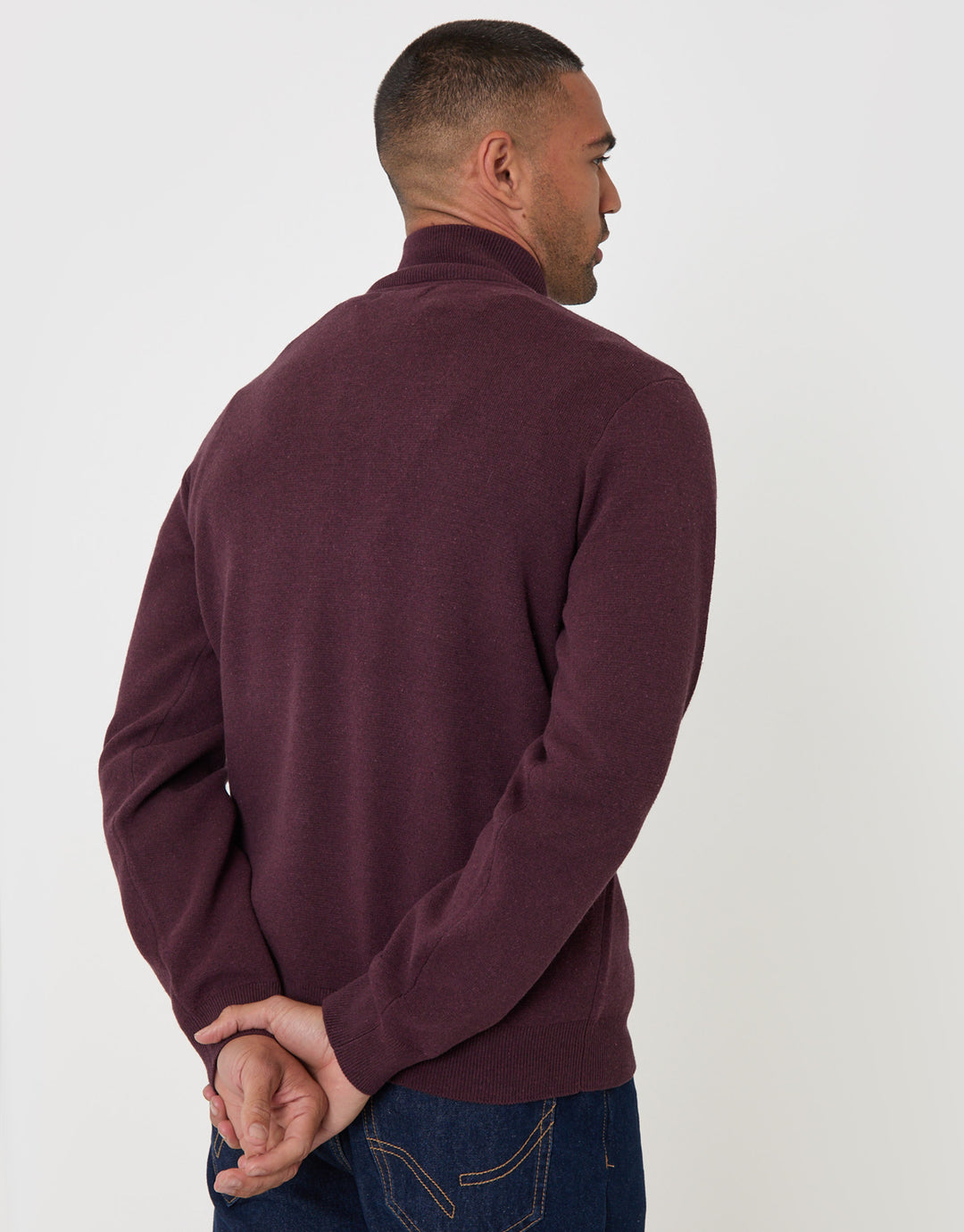 Threadbare Cotton Rich Quarter Zip Jumper in Burgundy - back view