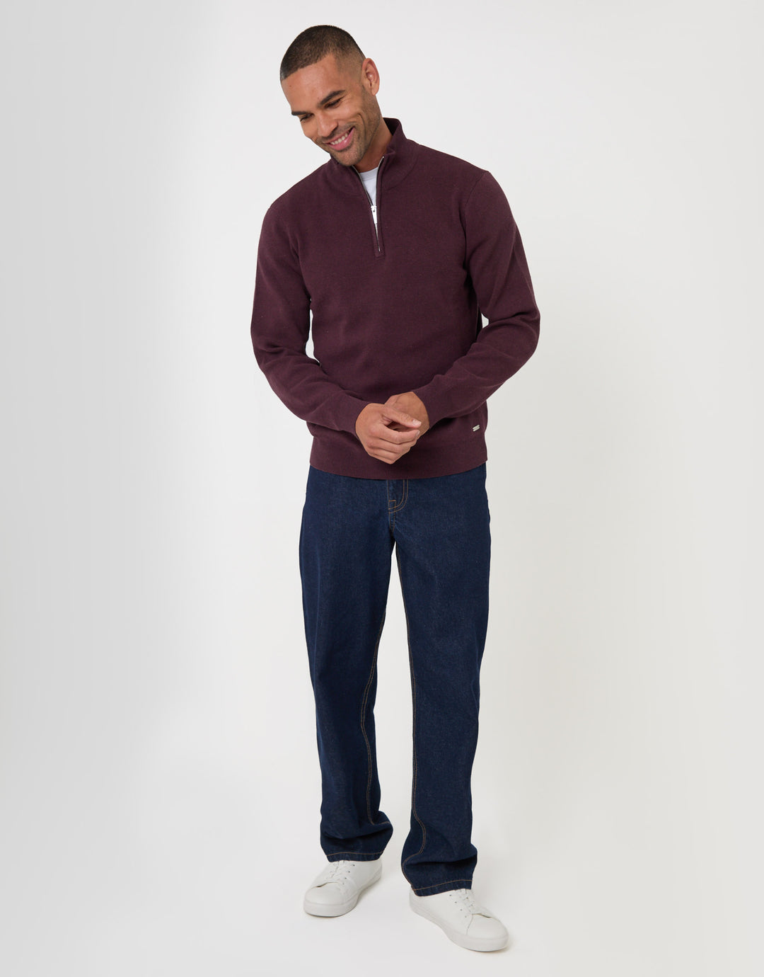 Threadbare Cotton Rich Quarter Zip Jumper in Burgundy - full body
