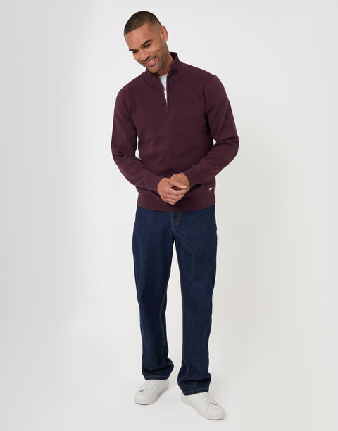 Threadbare Cotton Rich Quarter Zip Jumper in Burgundy - full body
