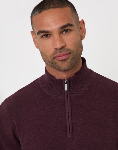 Threadbare Cotton Rich Quarter Zip Jumper in Burgundy - close up