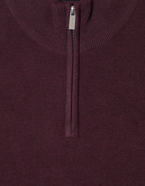 Threadbare Cotton Rich Quarter Zip Jumper in Burgundy - close up