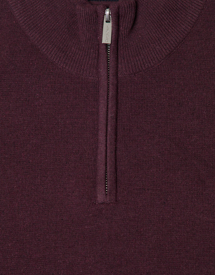 Threadbare Cotton Rich Quarter Zip Jumper in Burgundy - close up