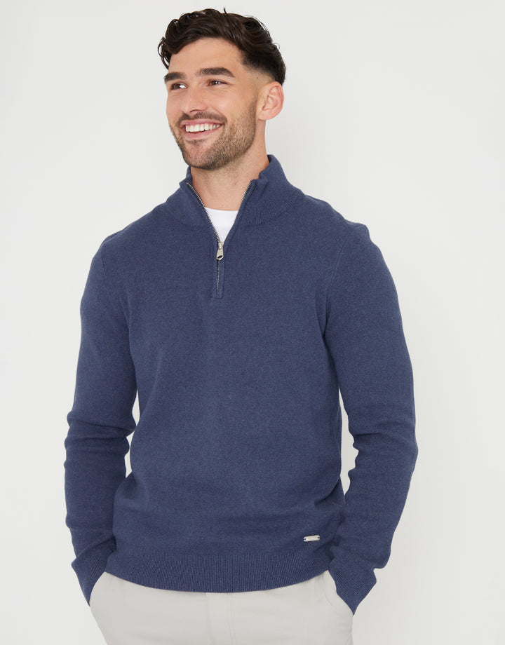 Blue Knitted Quarter Zip Jumper