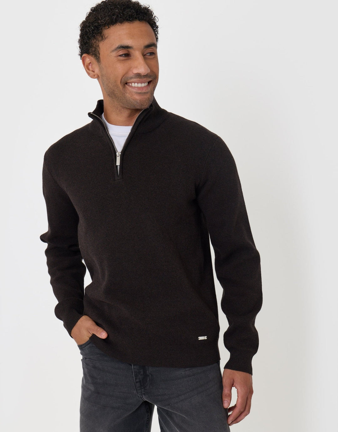 Threadbare Knitted Quarter Zip Jumper in Black - front view