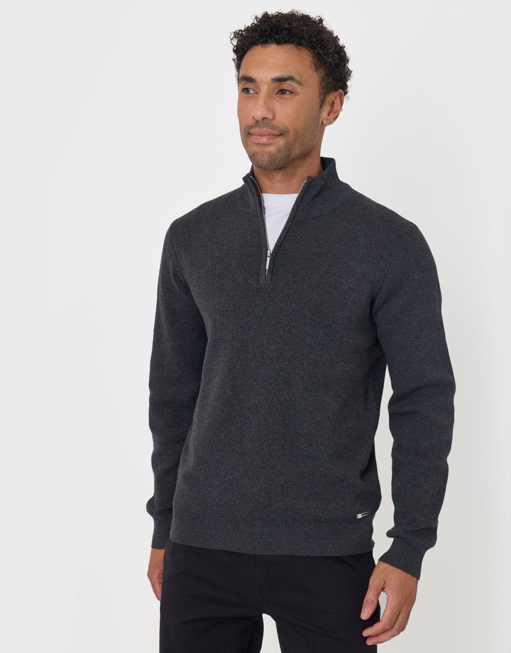 Threadbare Cotton Rich Quarter Zip Jumper in Charcoal - front view