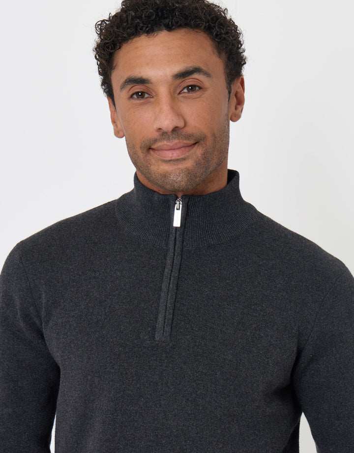 Threadbare Cotton Rich Quarter Zip Jumper in Charcoal - close up