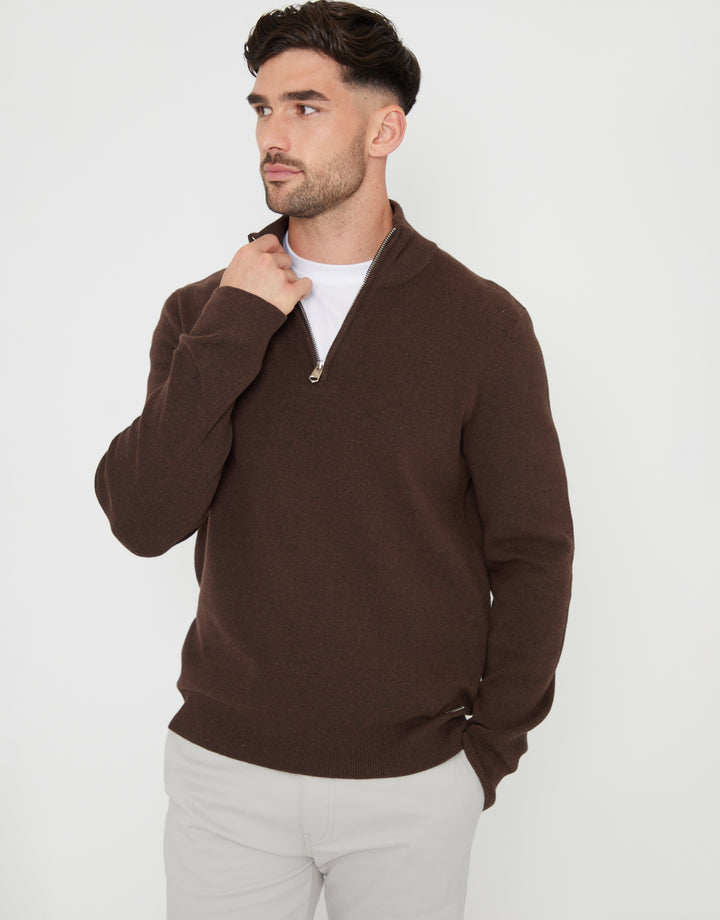 Knitted Quarter Zip Jumper in Brown
