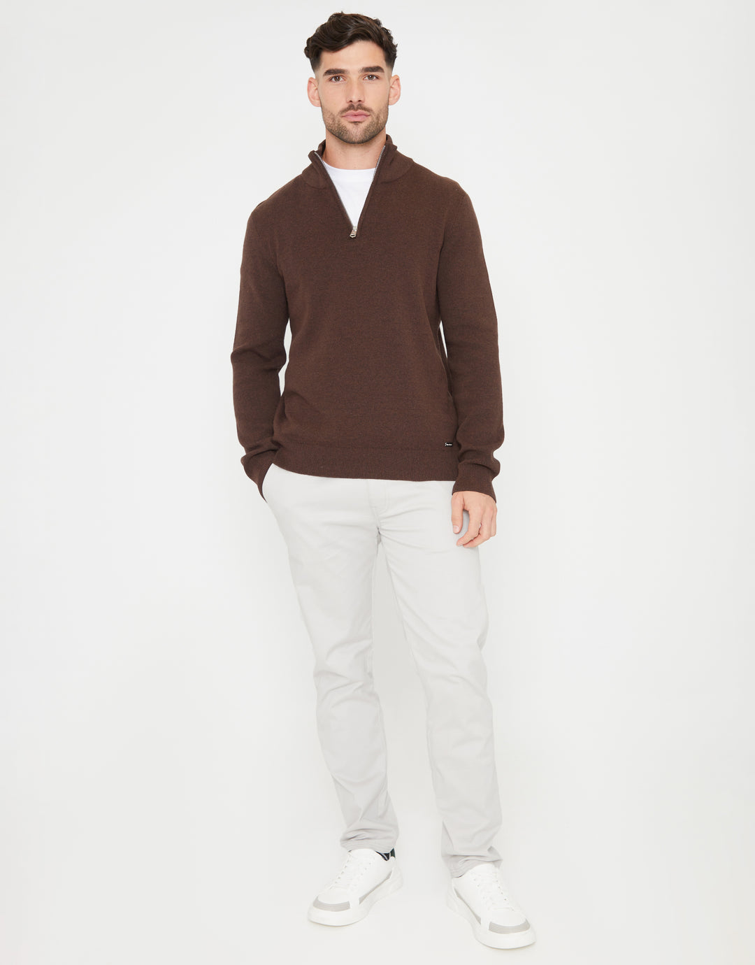 Knitted Quarter Zip Jumper in Brown