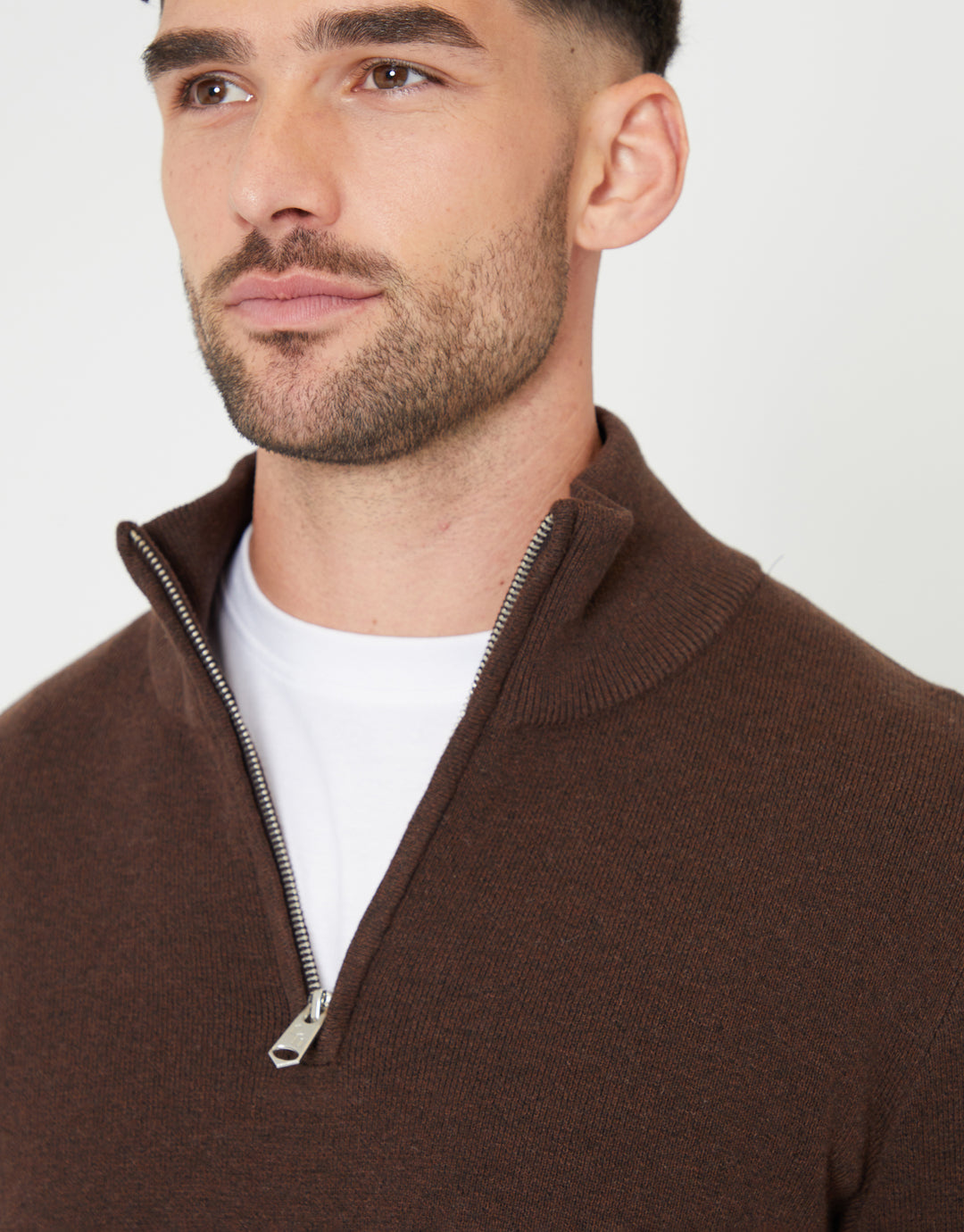 Knitted Quarter Zip Jumper in Brown