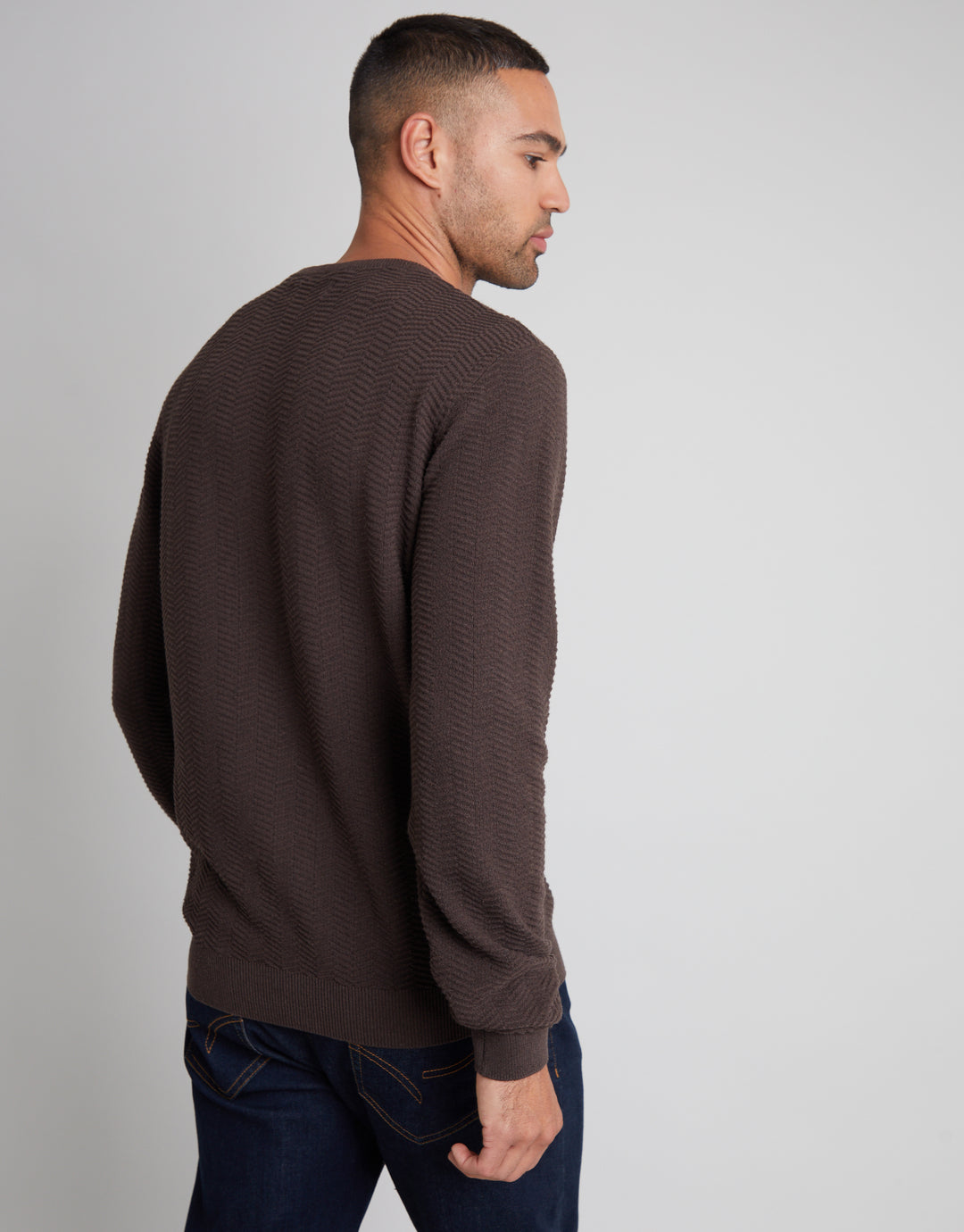 Brown Textured Knitted Crew Neck Jumper