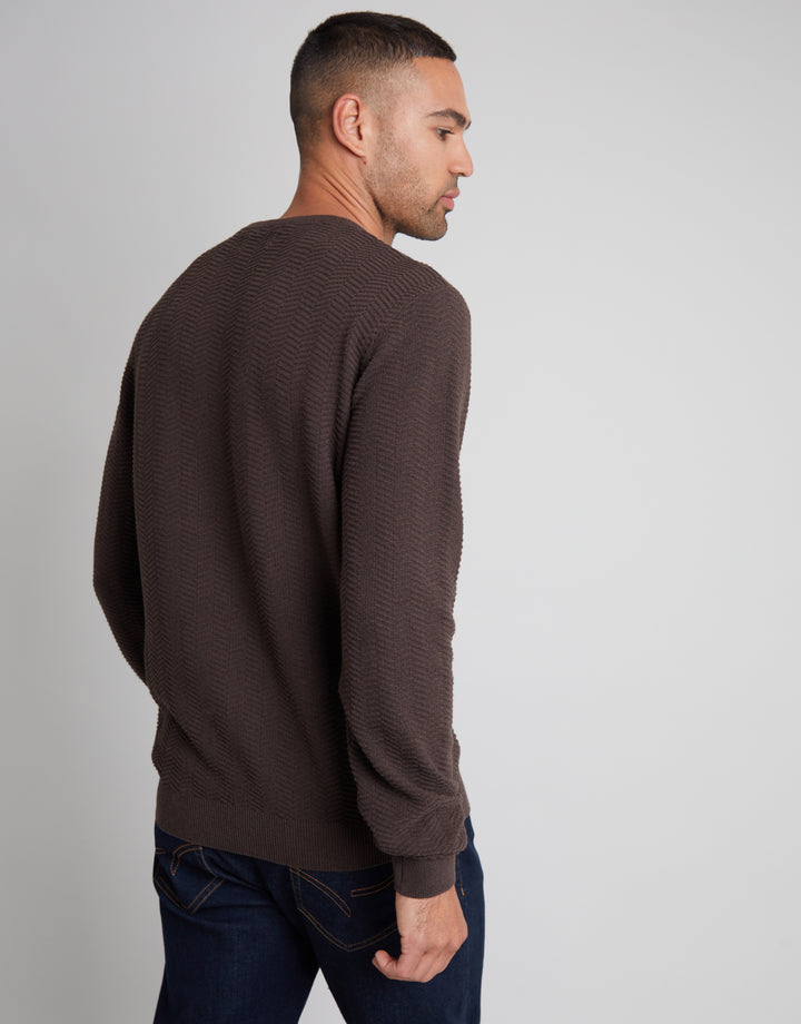 Brown Textured Knitted Crew Neck Jumper
