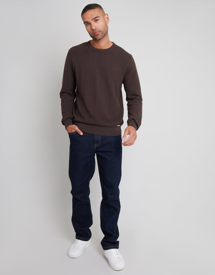 Brown Textured Knitted Crew Neck Jumper