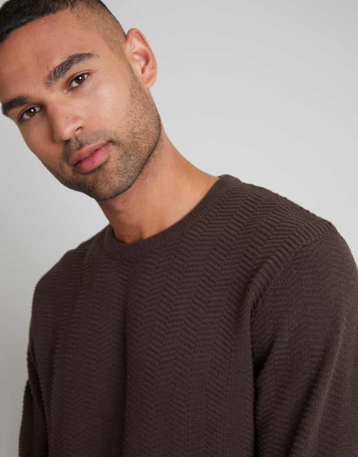 Brown Textured Knitted Crew Neck Jumper