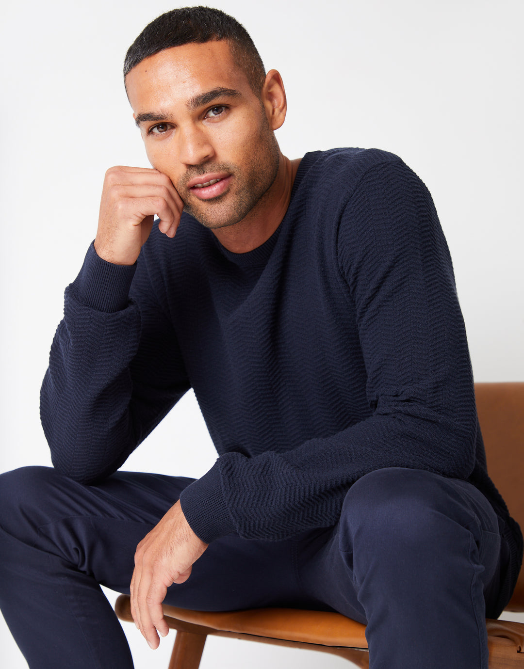 Navy Textured Knitted Crew Neck Jumper