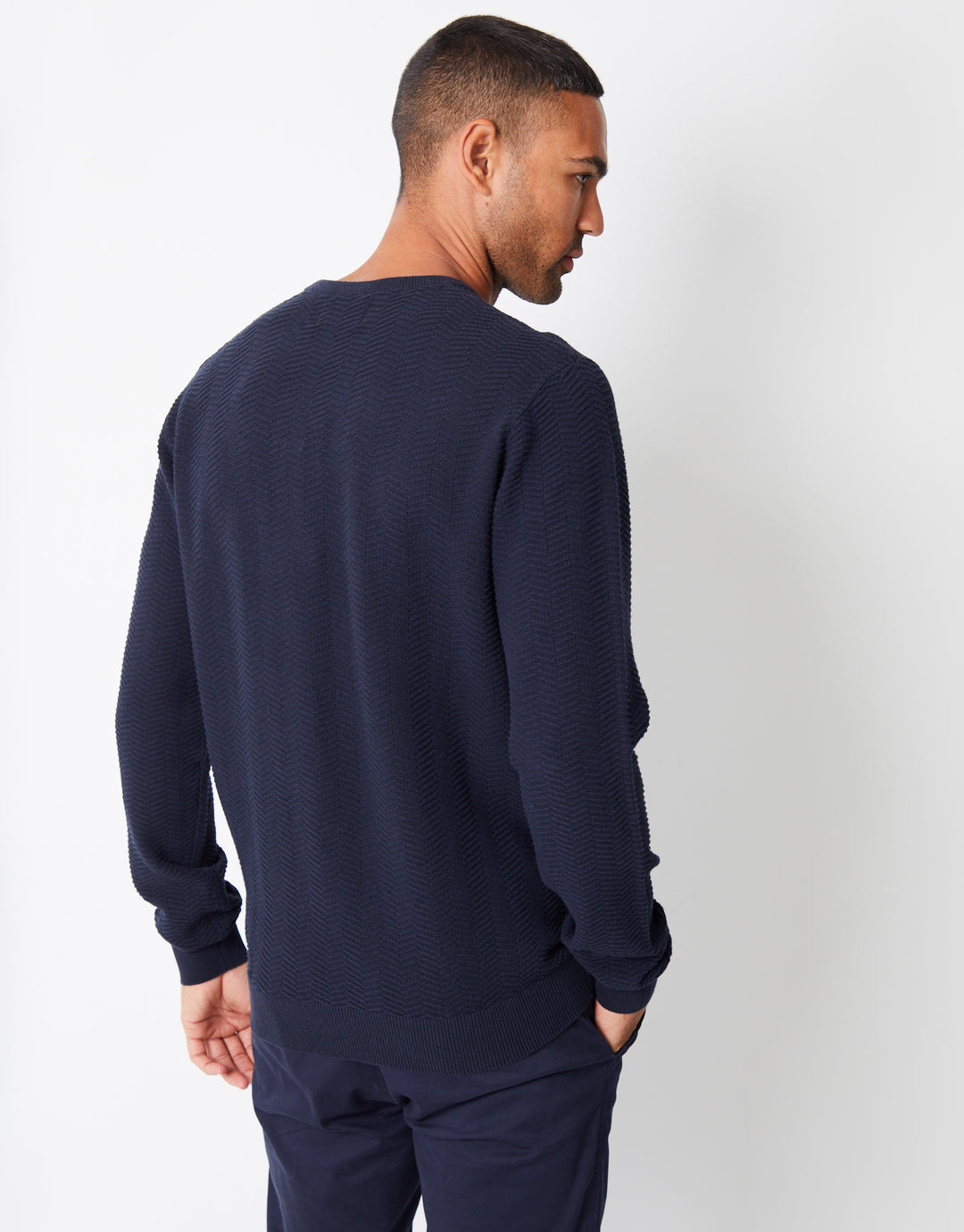 Navy Textured Knitted Crew Neck Jumper