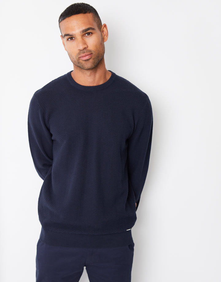 Navy Textured Knitted Crew Neck Jumper
