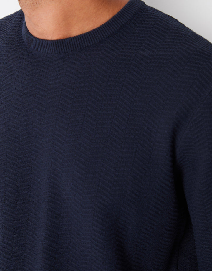 Navy Textured Knitted Crew Neck Jumper