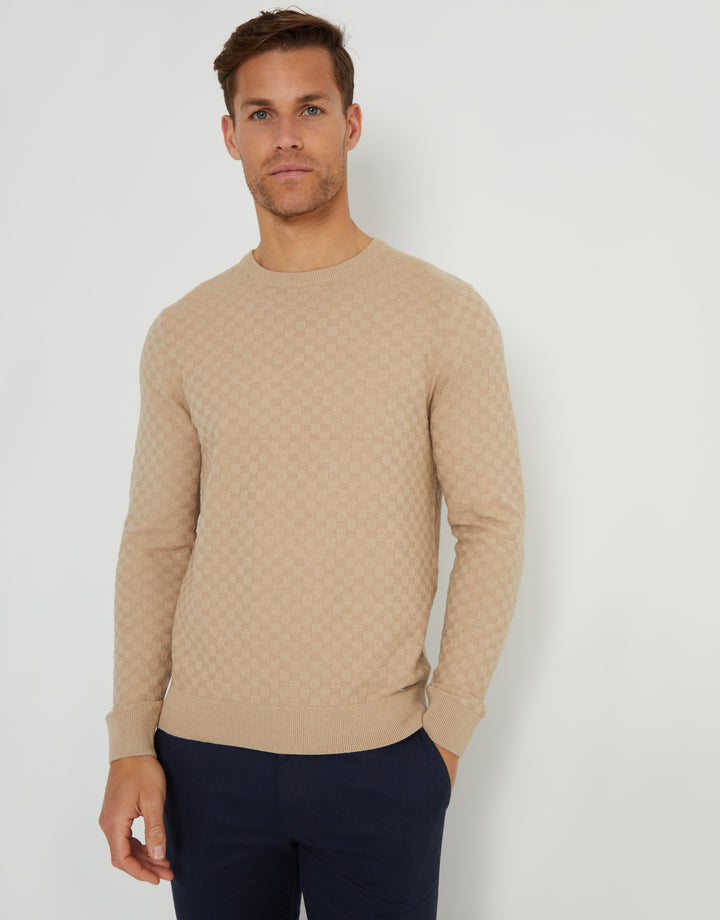 Beige Textured Knit Crew Neck Jumper