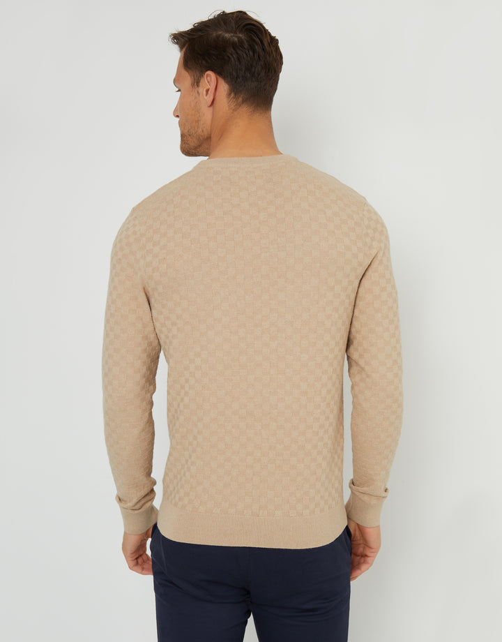 Beige Textured Knit Crew Neck Jumper