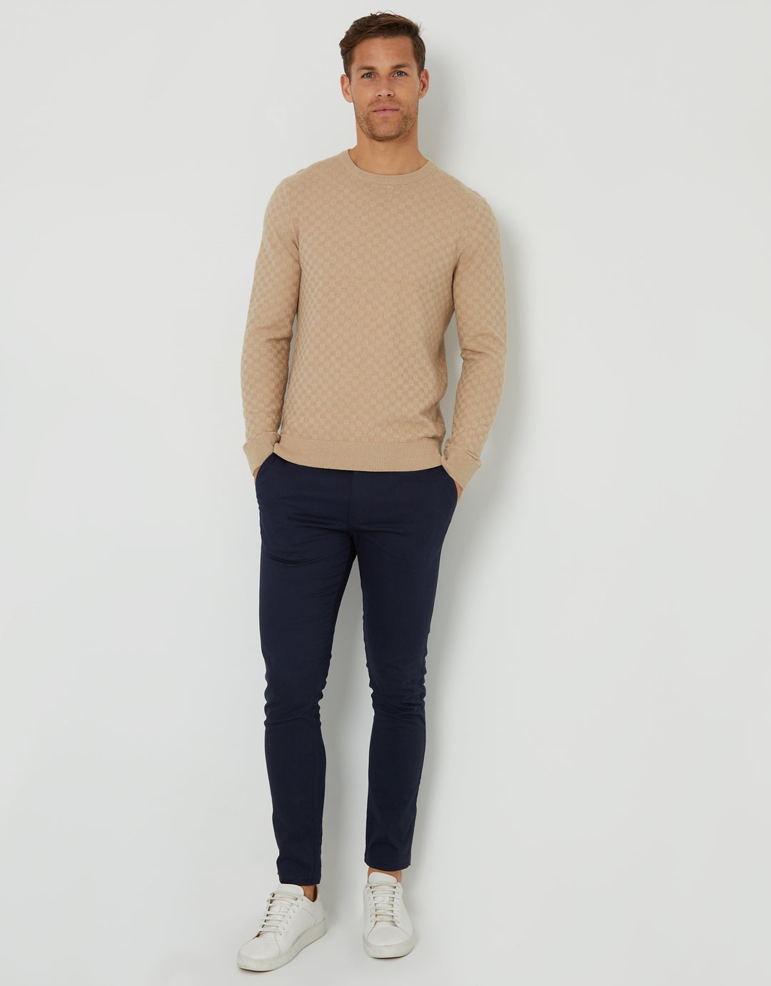 Beige Textured Knit Crew Neck Jumper