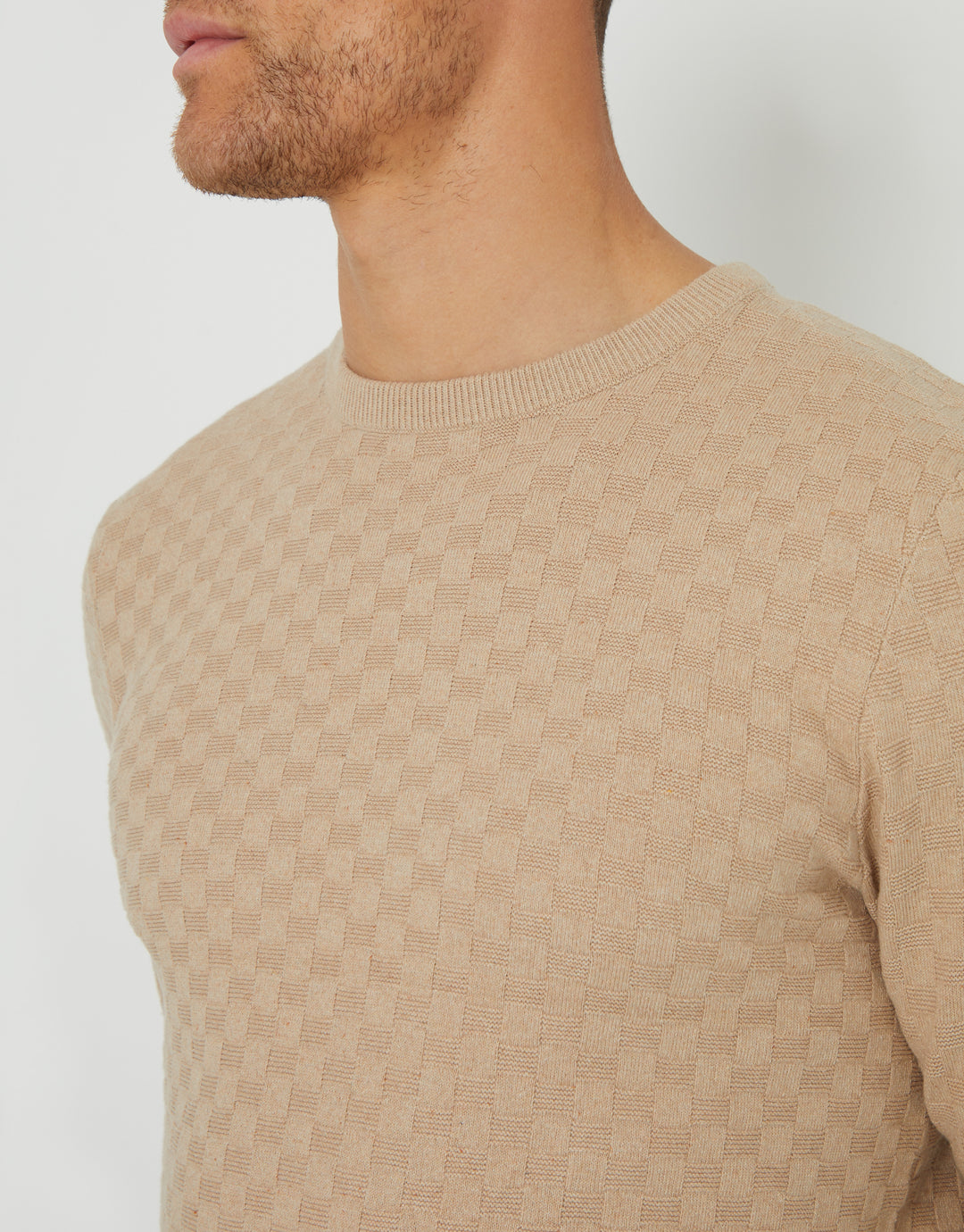 Beige Textured Knit Crew Neck Jumper