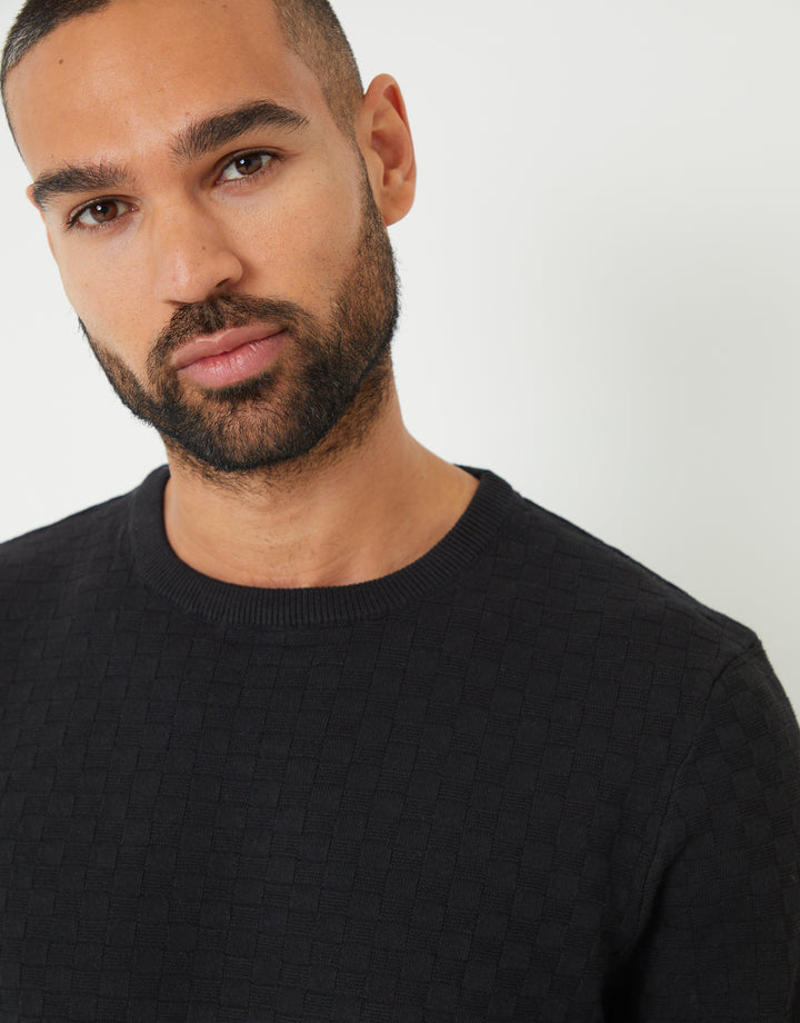 Black Textured Knit Crew Neck Jumper