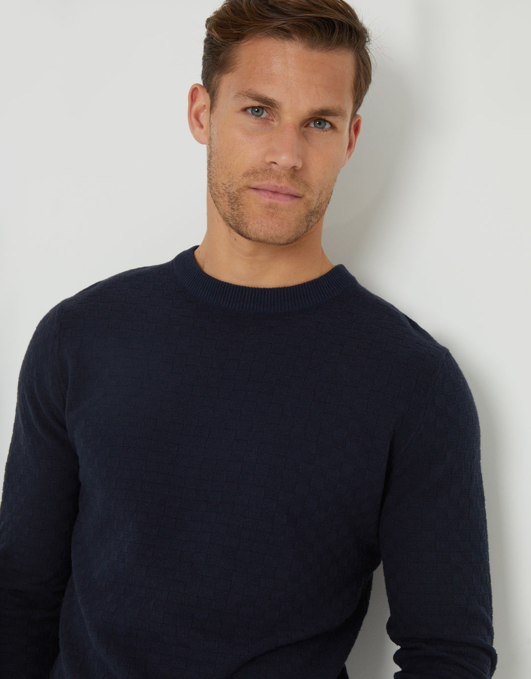 Navy Textured Knit Crew Neck Jumper