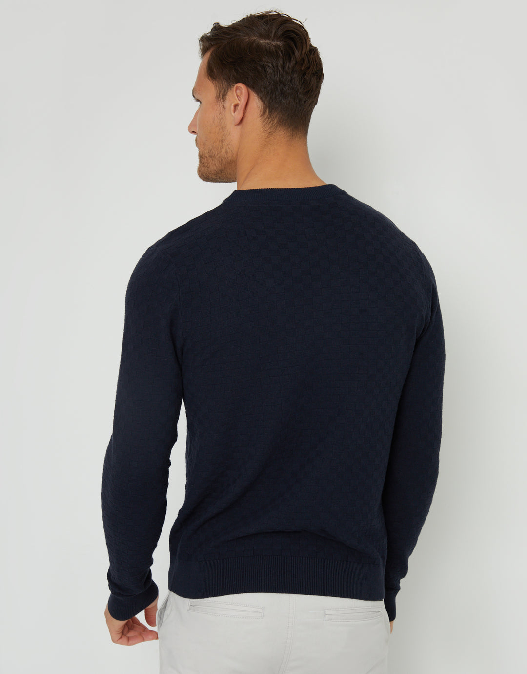 Navy Textured Knit Crew Neck Jumper