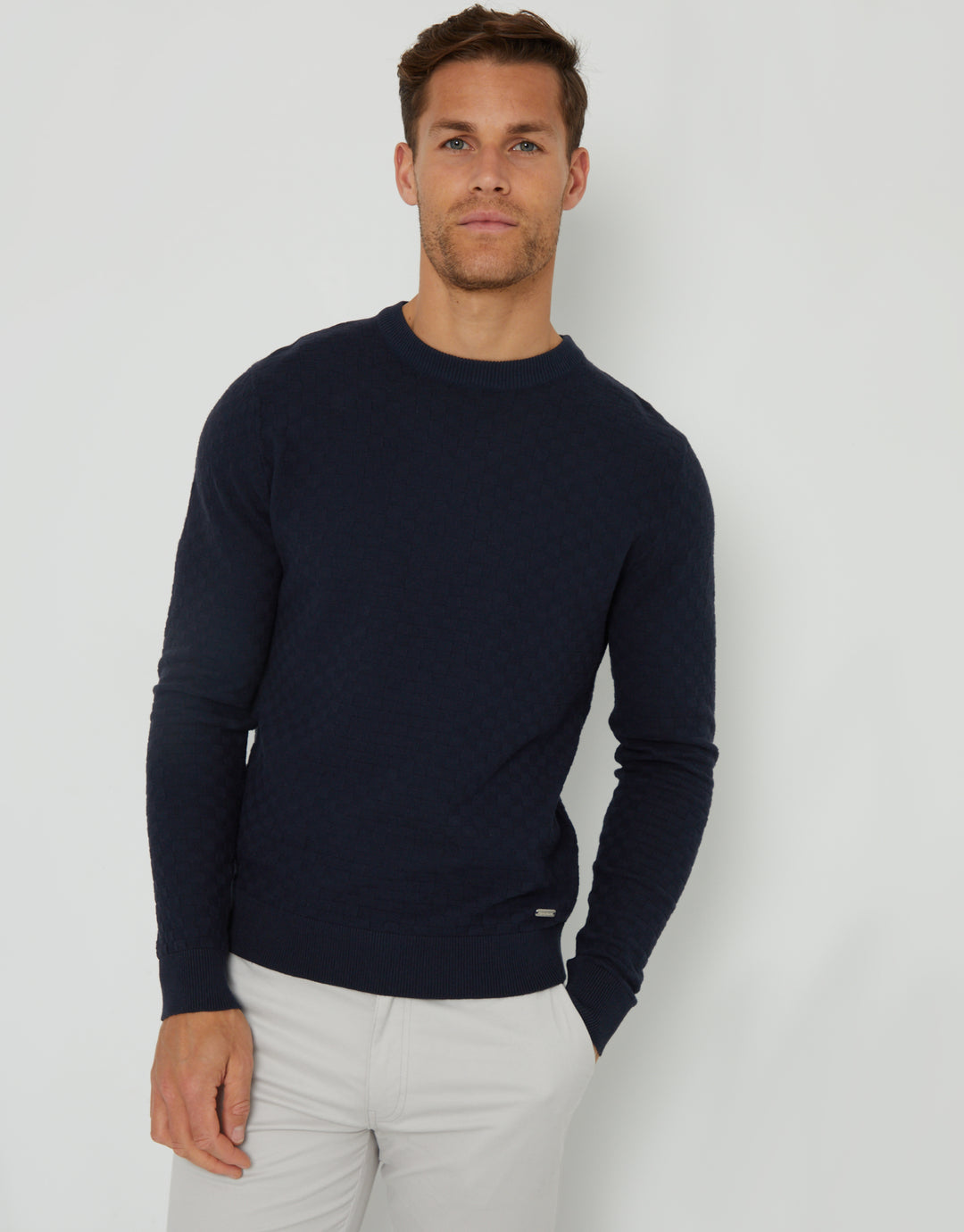 Navy Textured Knit Crew Neck Jumper